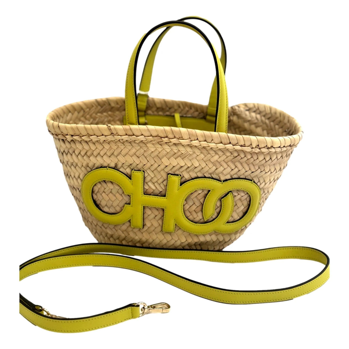 Jimmy Choo Logo Crossbody Tote Bag Natural Raffia Citron Yellow Trim - Handbags - Clayton's Online Store