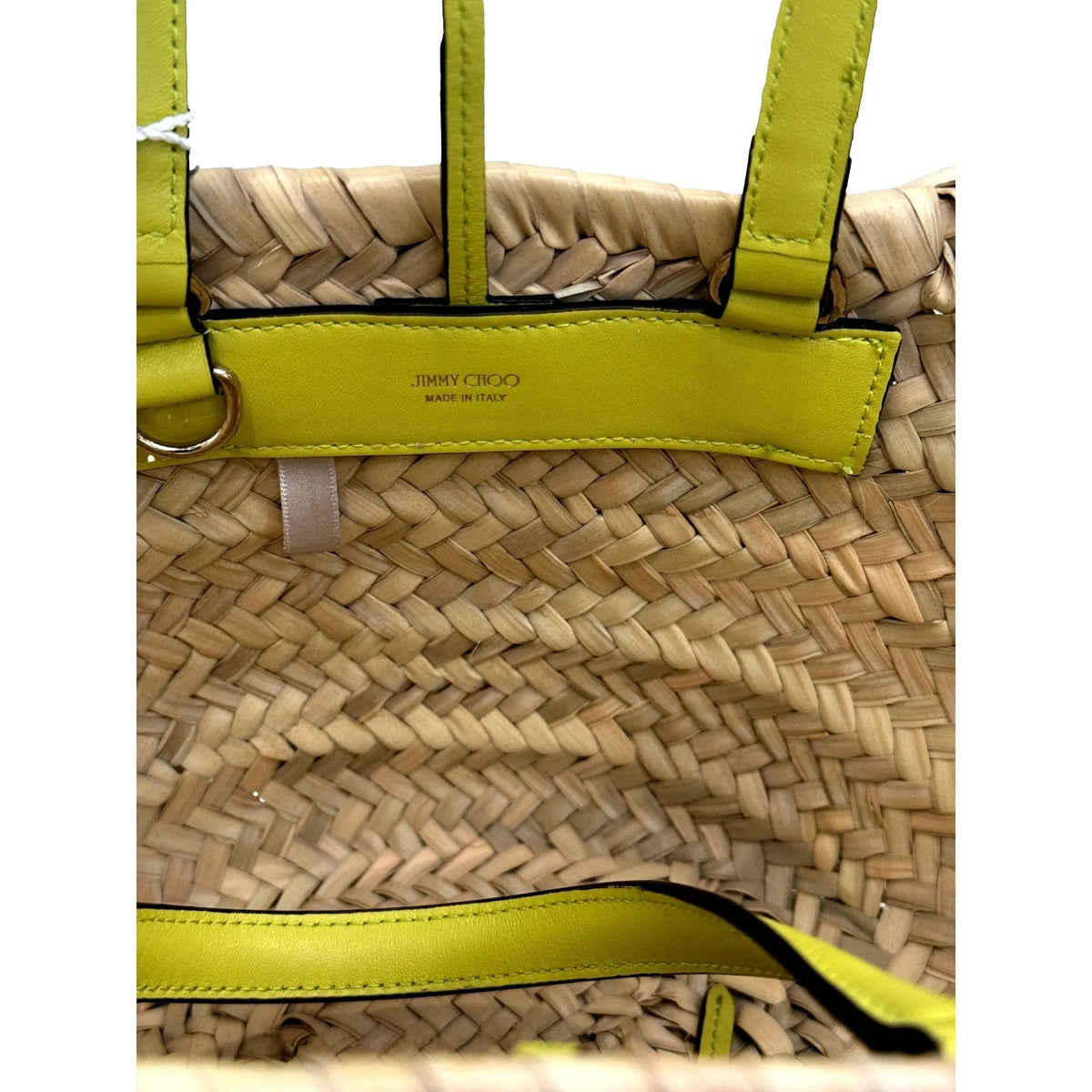 Jimmy Choo Logo Crossbody Tote Bag Natural Raffia Citron Yellow Trim - Handbags - Clayton's Online Store