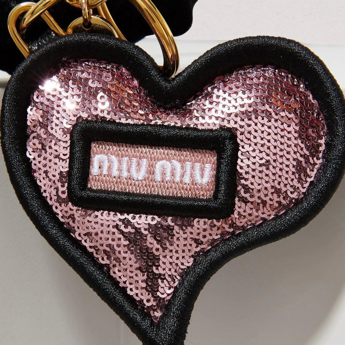 Miu Miu Trick in Pelle Heart Key Chain Bag Charm Pink Sequin and Ribbon - Keychains - Clayton's Online Store