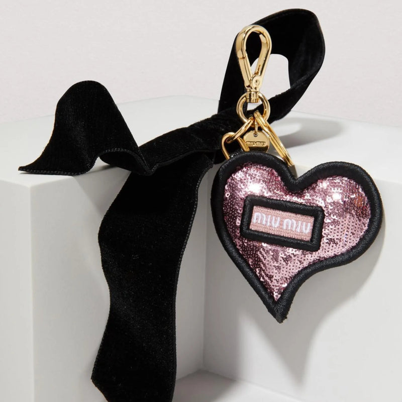 Miu Miu Trick in Pelle Heart Key Chain Bag Charm Pink Sequin and Ribbon