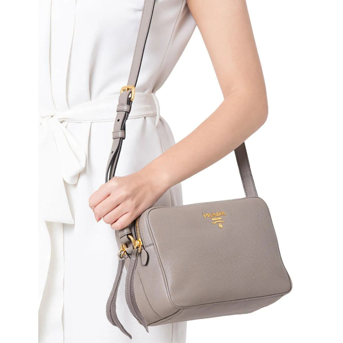 Prada Argilla Grey Vitello Phenix Leather Double Zip Cross Body Bag - Handbags - Clayton's Online Store