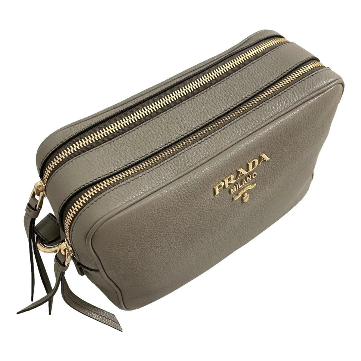 Prada Argilla Grey Vitello Phenix Leather Double Zip Cross Body Bag - Handbags - Clayton's Online Store