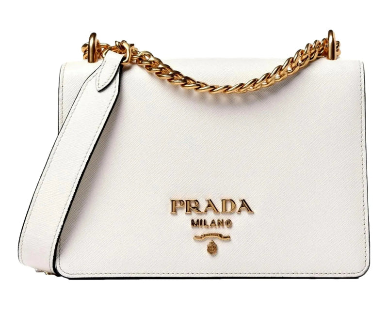 Prada Bianco White Black Saffiano Leather Chain Crossbody Bag