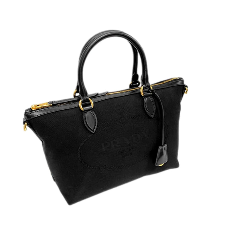 Prada Black Canvas Jacquard Logo Leather Trim Small Satchel - Handbags - Clayton's Online Store