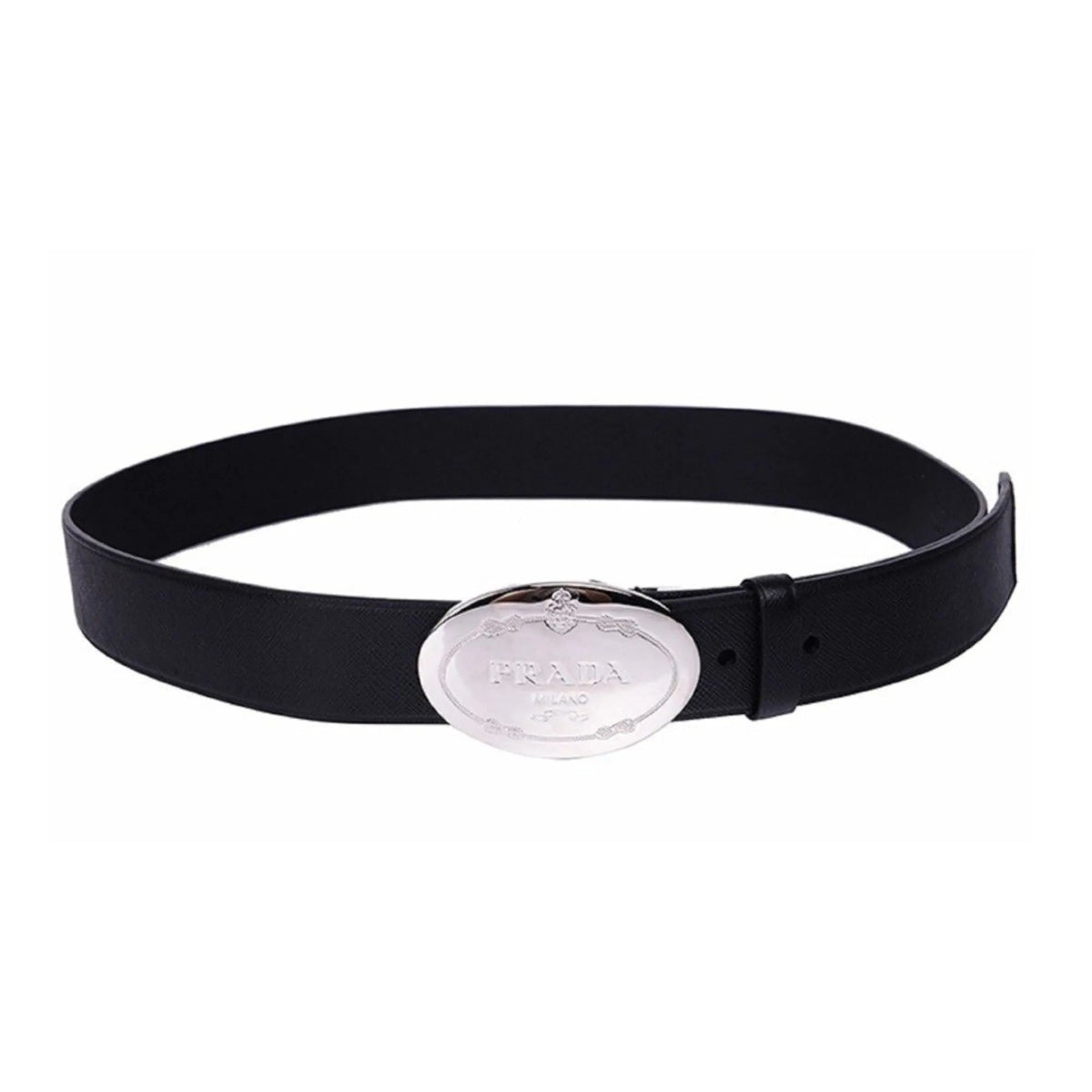 Prada Black Saffiano Leather Engraved Oval Plaque Buckle Belt 110/44 - Belts - Clayton's Online Store