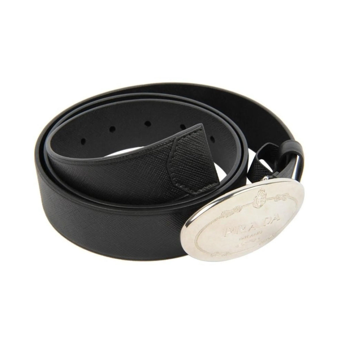 Prada Black Saffiano Leather Engraved Oval Plaque Buckle Belt 110/44 - Belts - Clayton's Online Store