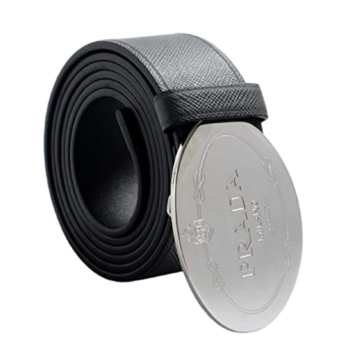 Prada Black Saffiano Leather Engraved Oval Plaque Buckle Belt 110/44 - Belts - Clayton's Online Store