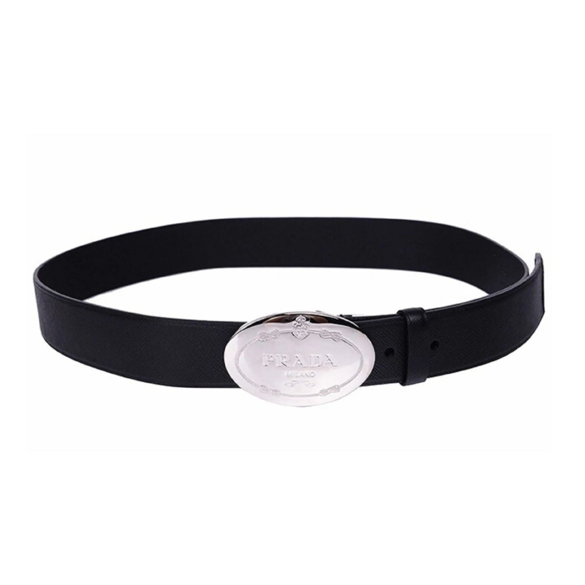 Prada Black Saffiano Leather Engraved Oval Plaque Buckle Belt 110/44