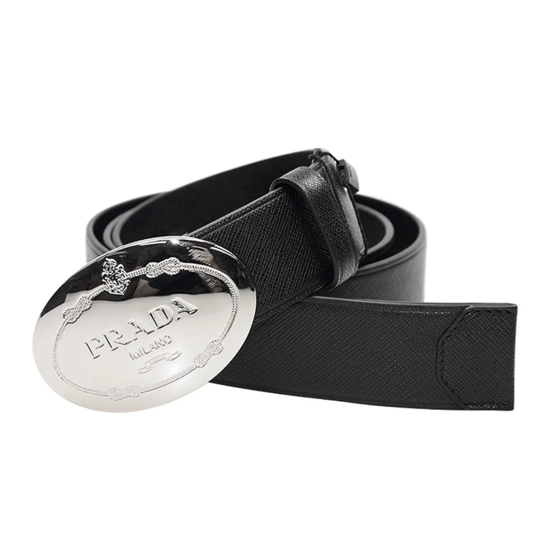 Prada Black Saffiano Leather Engraved Oval Plaque Buckle Belt 110/44