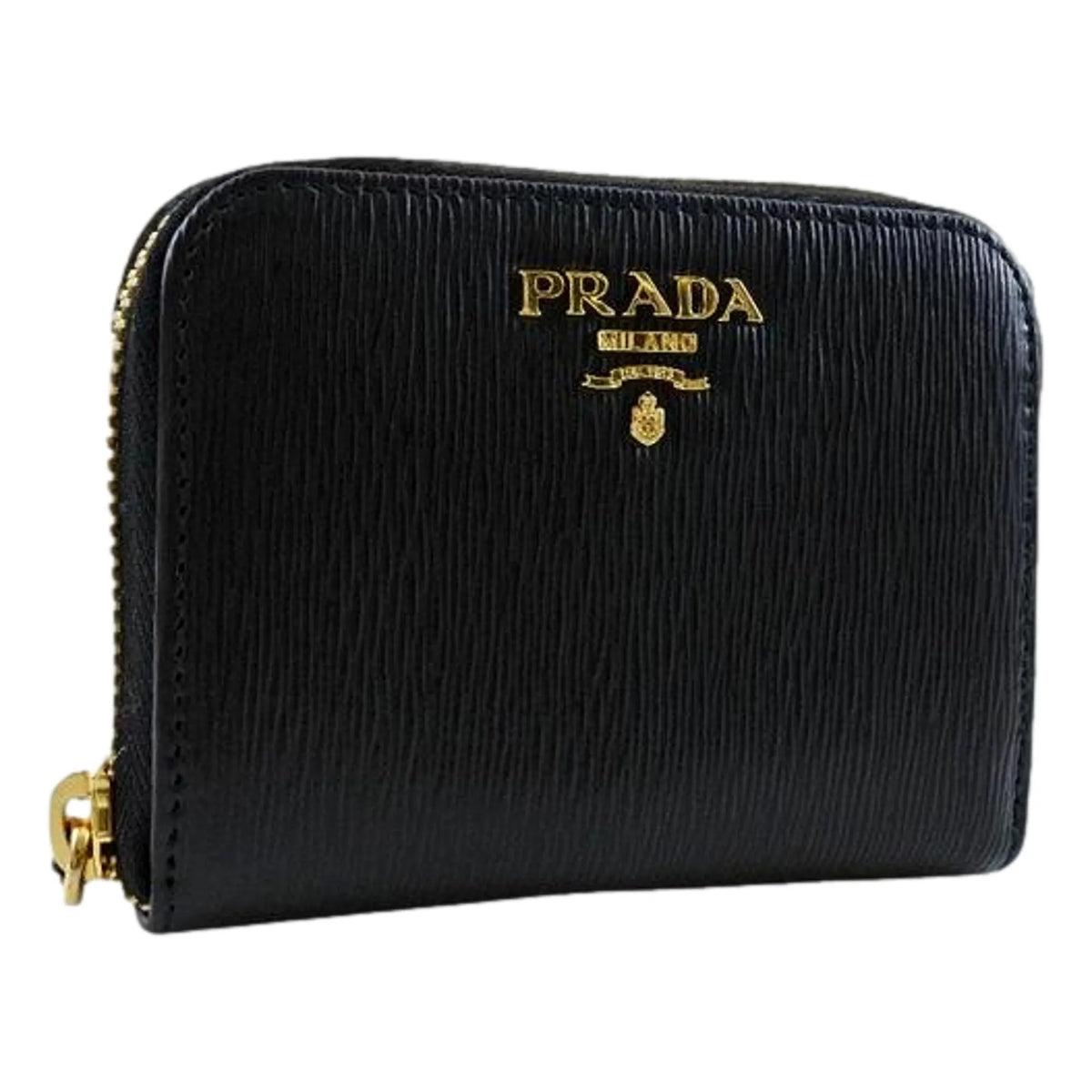 Prada Black Vitello Leather Gold Zip Coin Purse Wallet