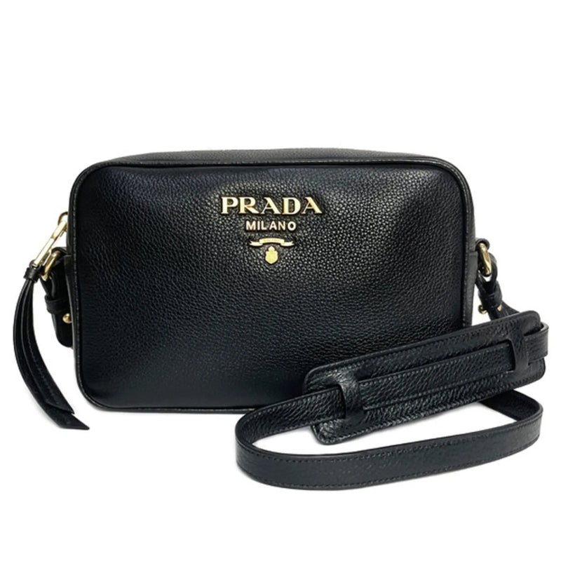 Prada Vitello Phenix Black Leather Gold Logo Camera Crossbody Bag