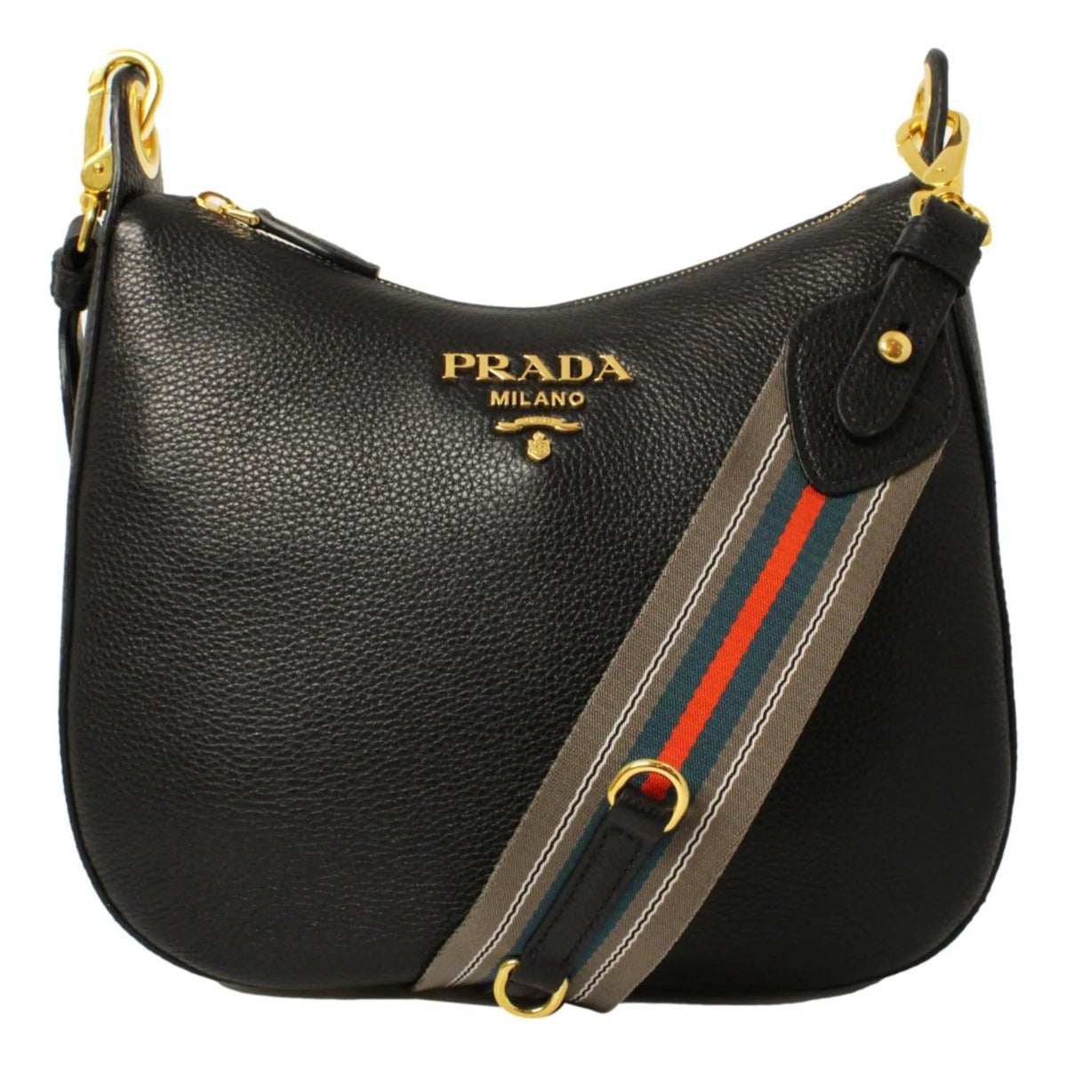 Prada Black Vitello Phenix Leather Web Stripe Strap Crossbody - Handbags - Clayton's Online Store