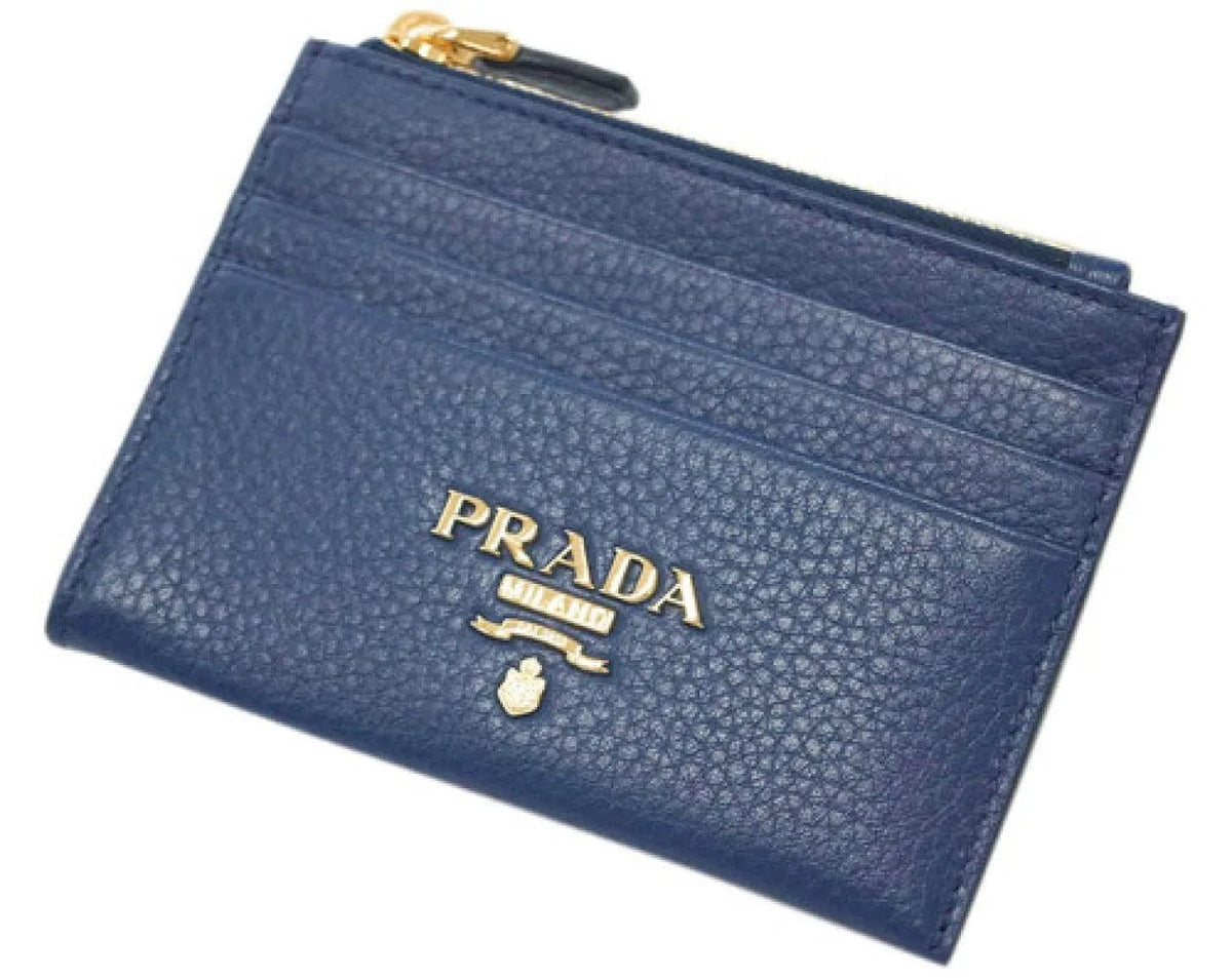 Prada Bluette Saffiano Leather Credit Card Holder with Zipper Gold Prada Logo - Wallets - Clayton's Online Store