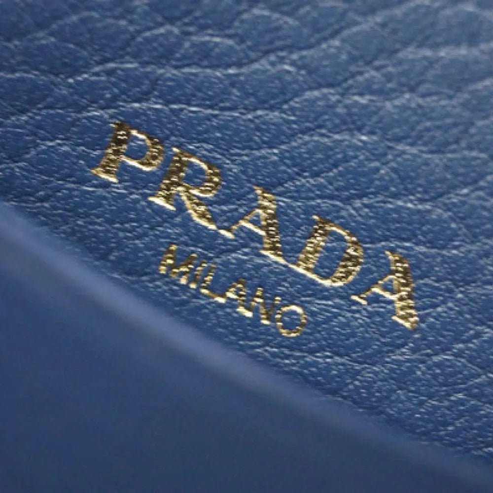 Prada Bluette Saffiano Leather Credit Card Holder with Zipper Gold Prada Logo - Wallets - Clayton's Online Store