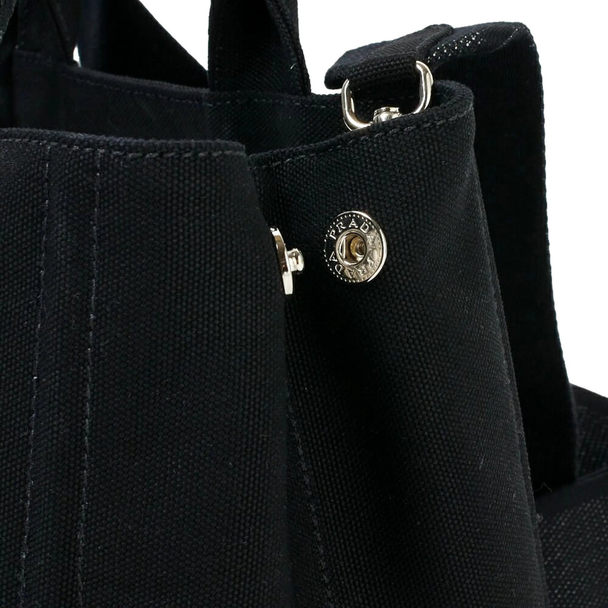 Prada Canapa Tote Handbag Canvas Embossed Lettering Logo Fabric Black - Handbags - Clayton's Online Store