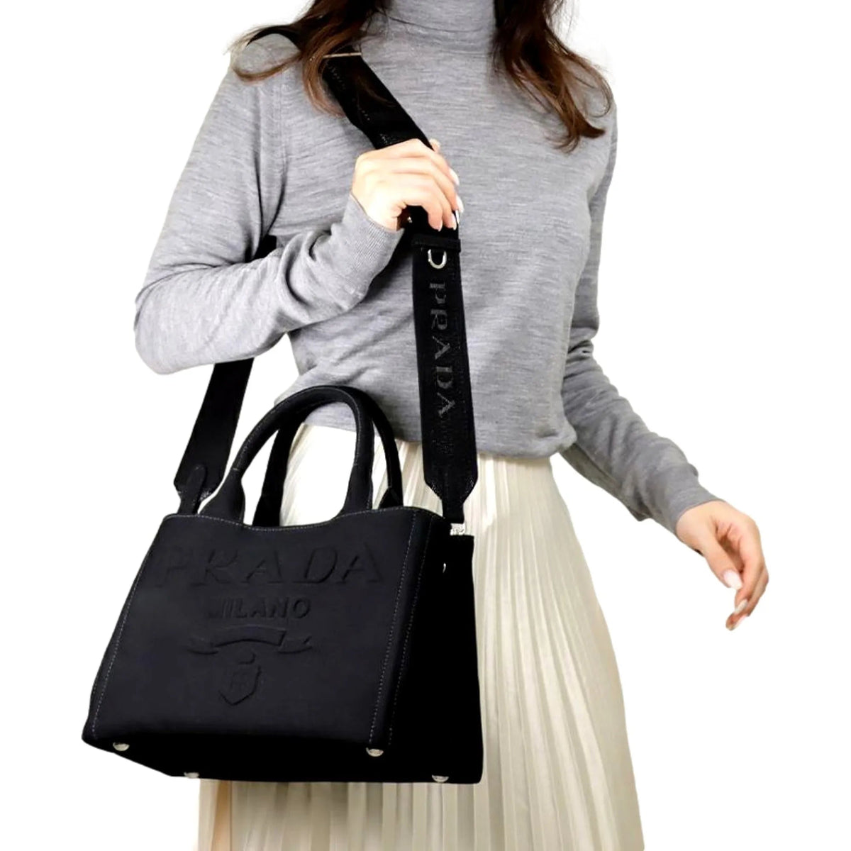 Prada Canapa Tote Handbag Canvas Embossed Lettering Logo Fabric Black - Handbags - Clayton's Online Store