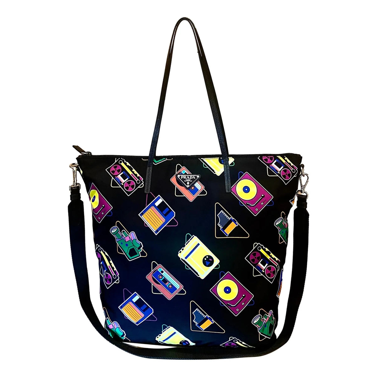 Prada Cassette Print Black Nylon Convertible Shopping Tote Handbag - Handbags - Clayton's Online Store