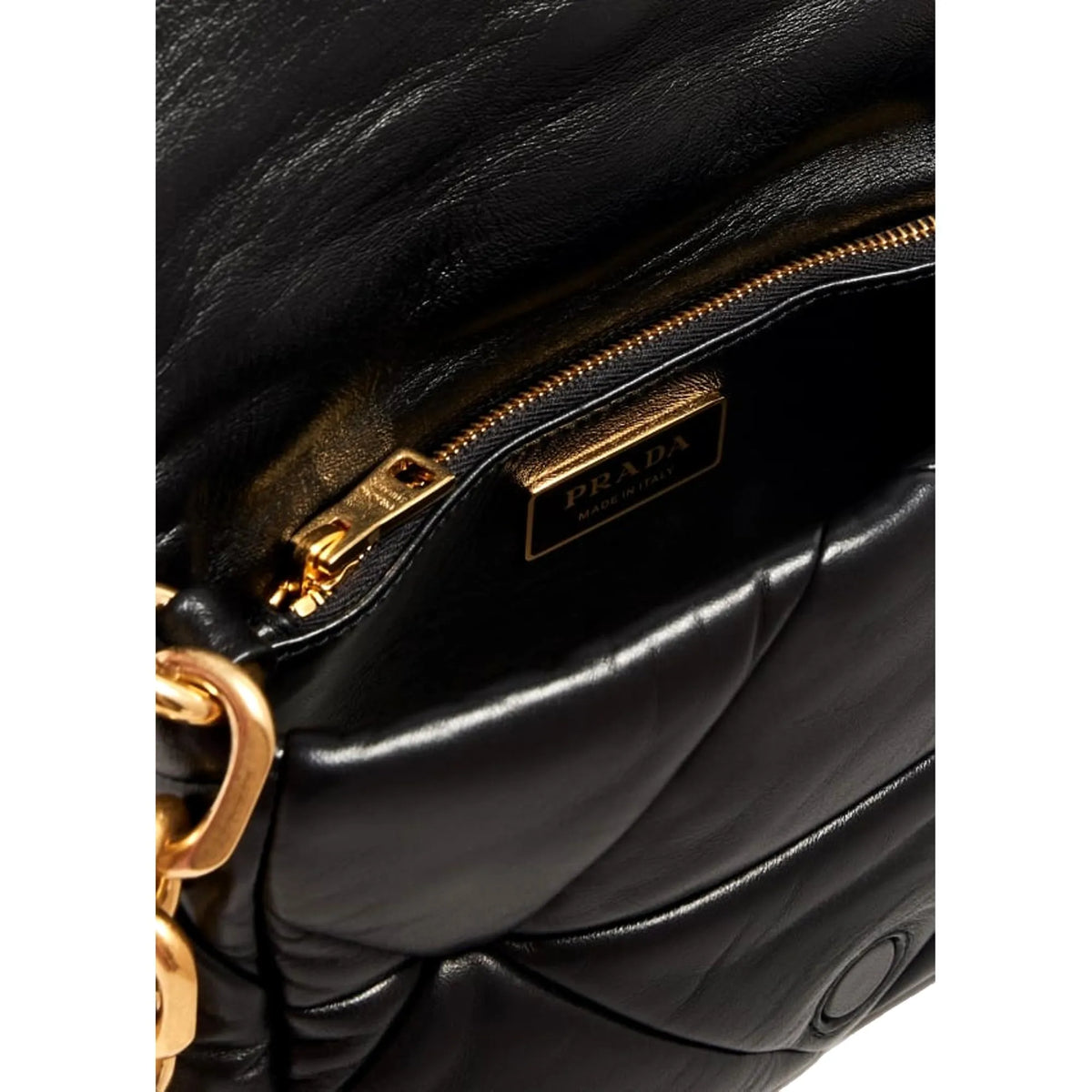 Prada Gold Logo Black Quilted Nappa Patch Leather Small Shoulder Bag