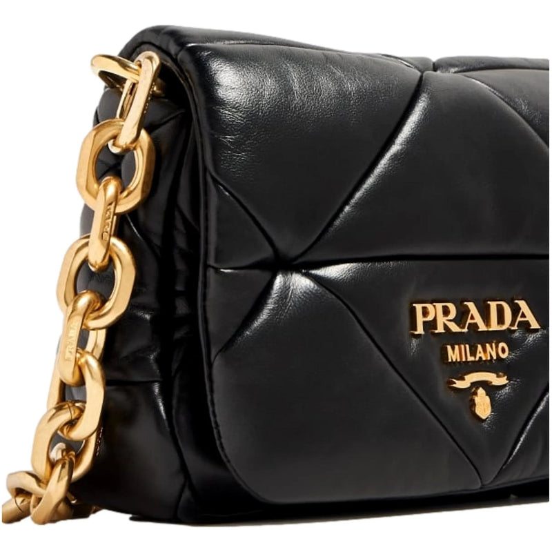 Prada Gold Logo Black Quilted Nappa Patch Leather Small Shoulder Bag - Handbags - Clayton's Online Store