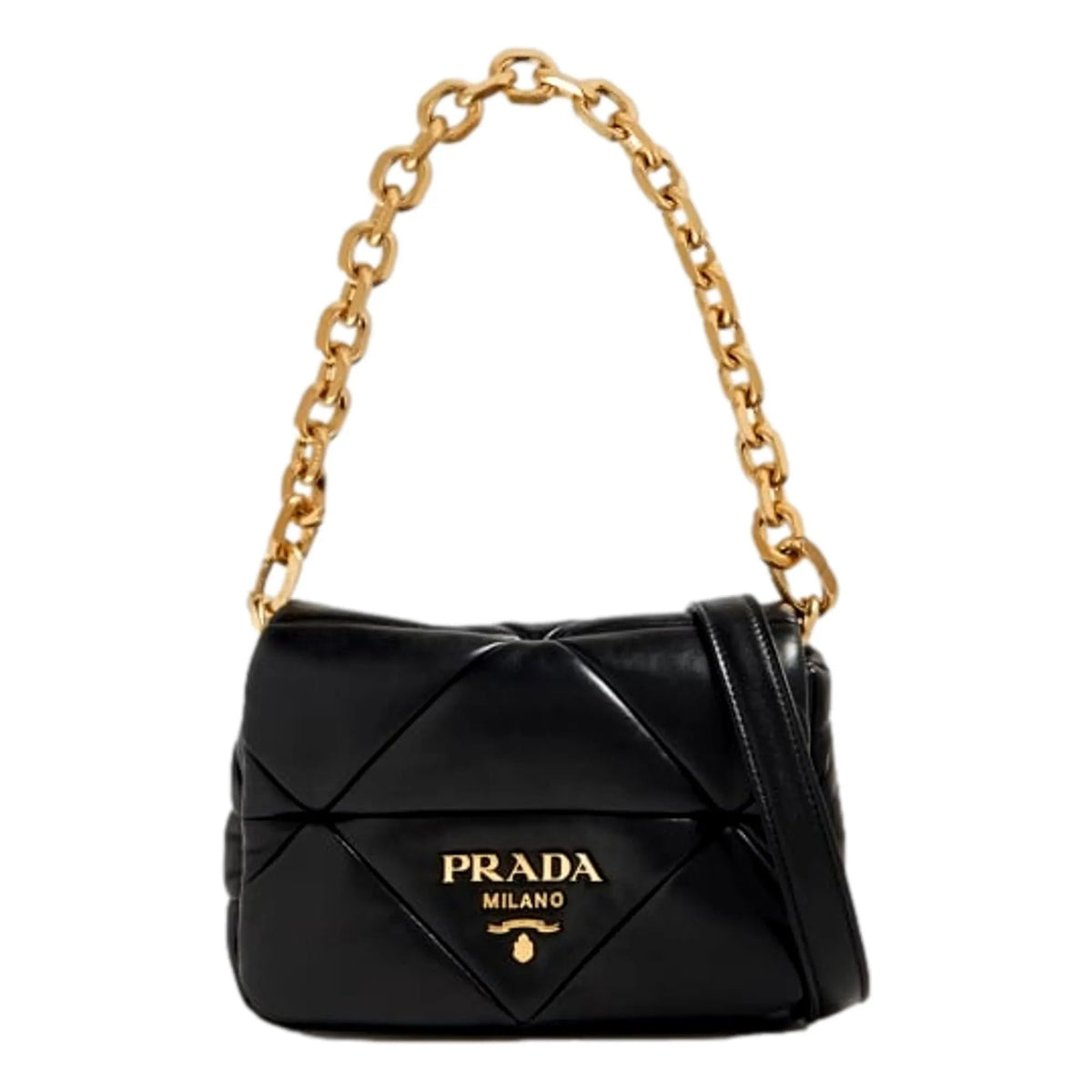 Prada Gold Logo Black Quilted Nappa Patch Leather Small Shoulder Bag - Handbags - Clayton's Online Store