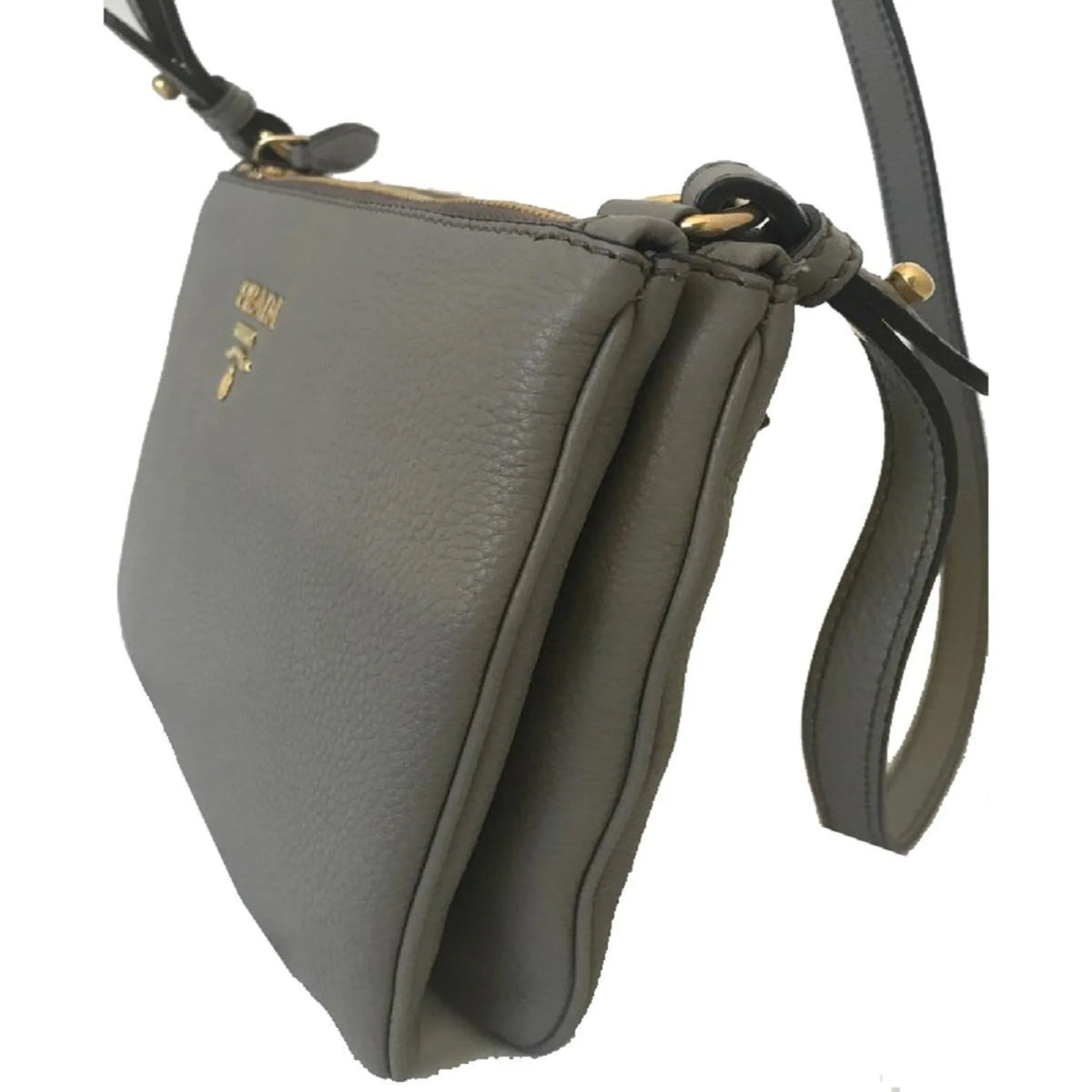 Prada Vitello Phenix Argilla Gray Leather Logo Plaque Crossbody Bag