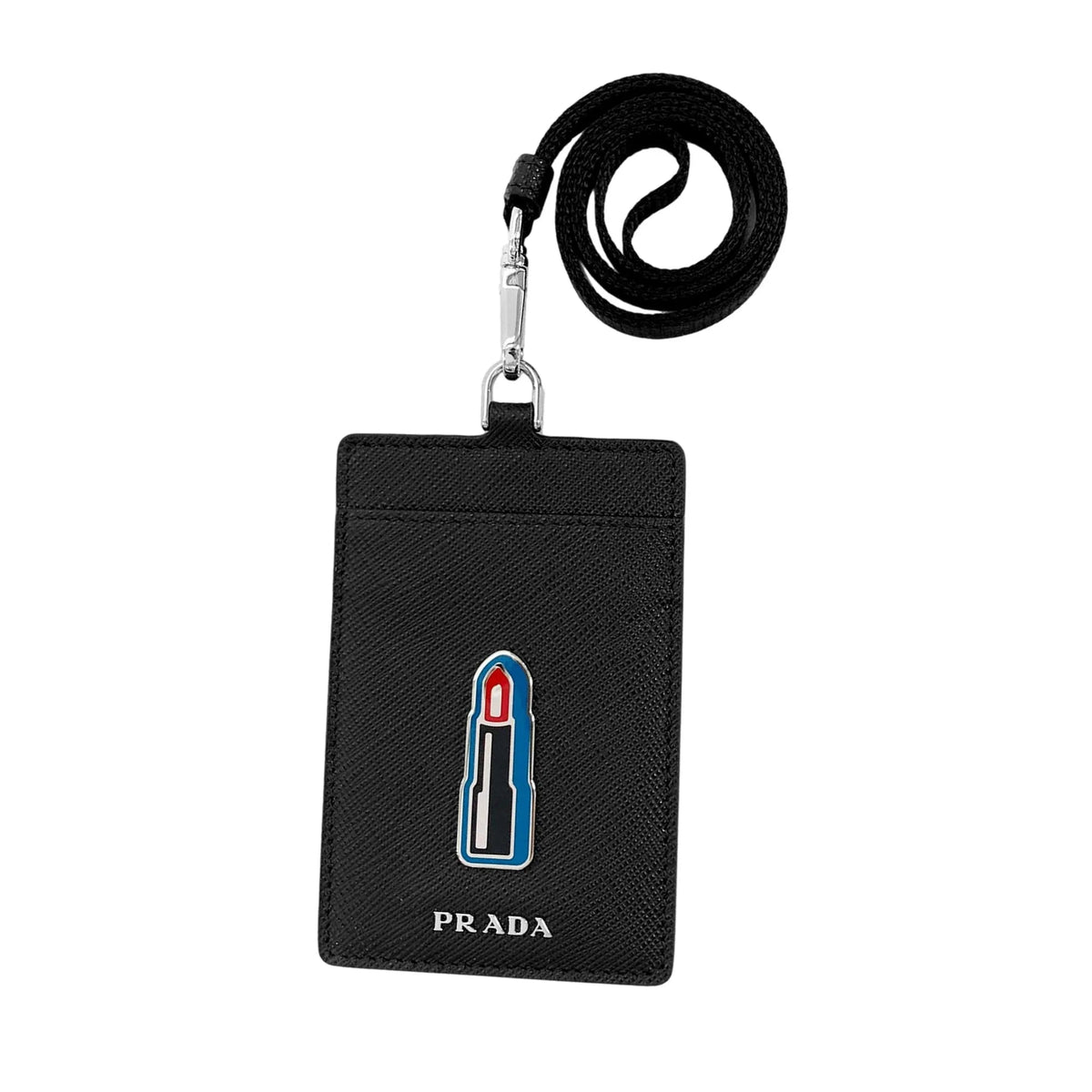 Prada Lipstick Plaque Black Saffiano Leather ID Cardholder Lanyard - Keychains - Clayton's Online Store