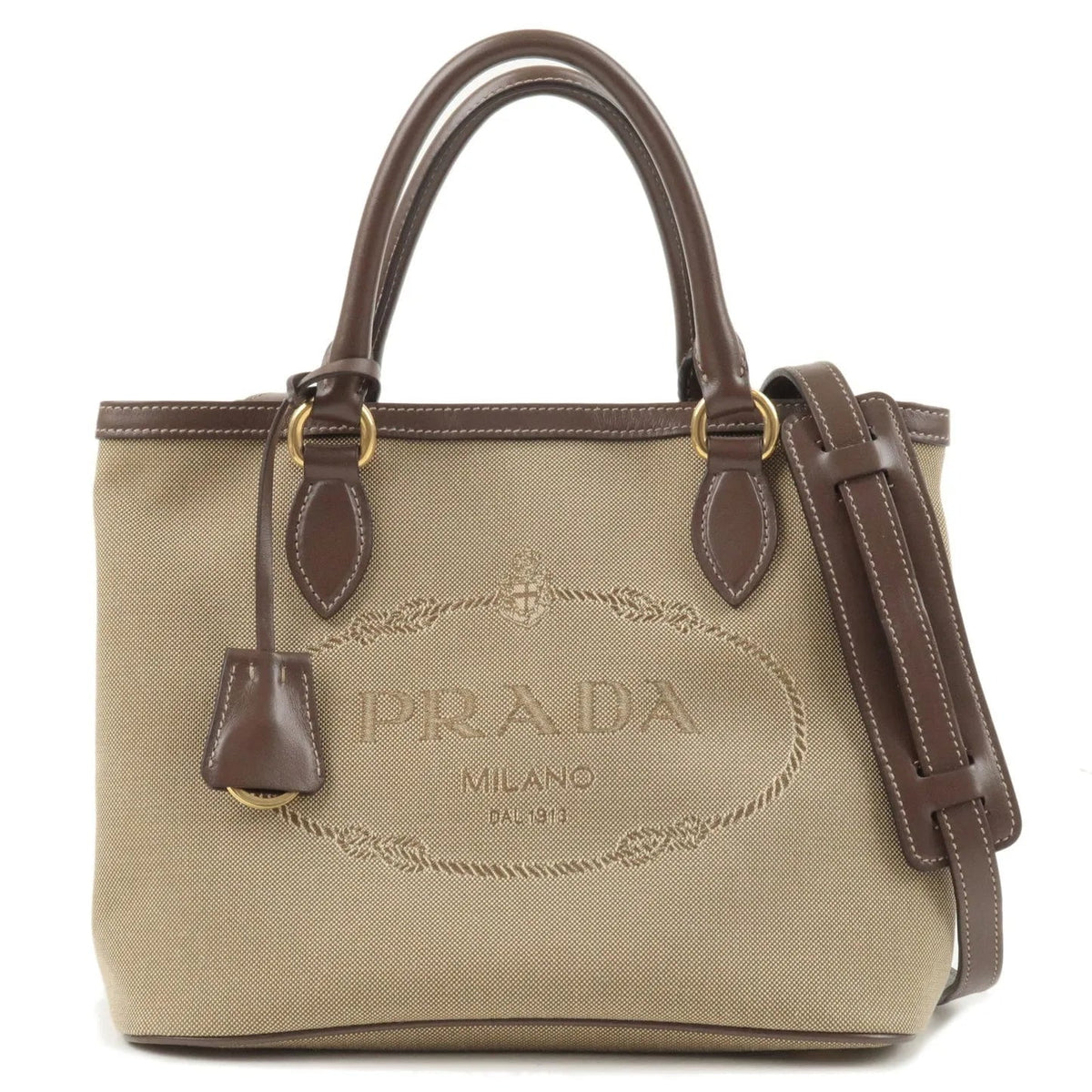 Prada Logo Jacquard Beige Canvas Leather Trim Crossbody Satchel Bag - Handbags - Clayton's Online Store