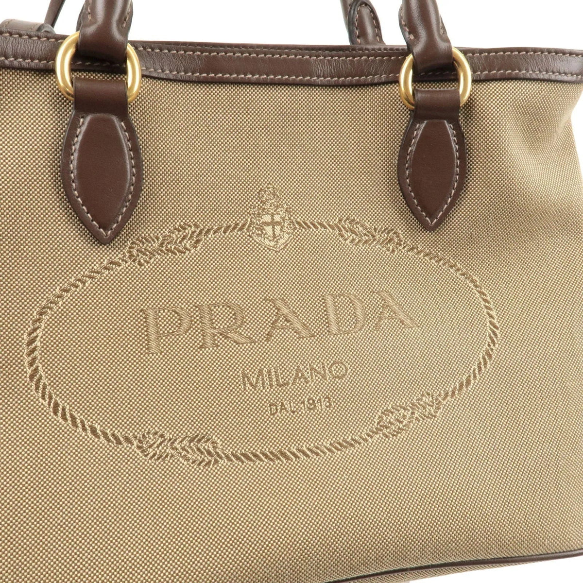 Prada Logo Jacquard Beige Canvas Leather Trim Crossbody Satchel Bag - Handbags - Clayton's Online Store