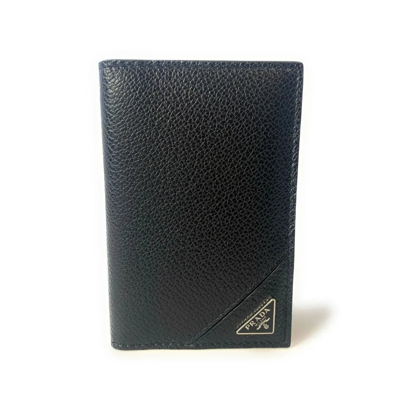 Prada Vitello Grain Black Leather Triangle Logo Vertical Bifold Wallet