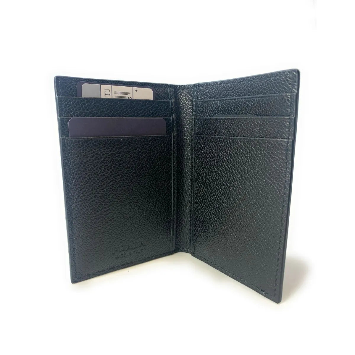 Prada Vitello Grain Black Leather Triangle Logo Vertical Bifold Wallet