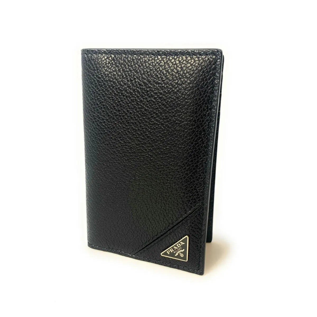 Prada Vitello Grain Black Leather Triangle Logo Vertical Bifold Wallet