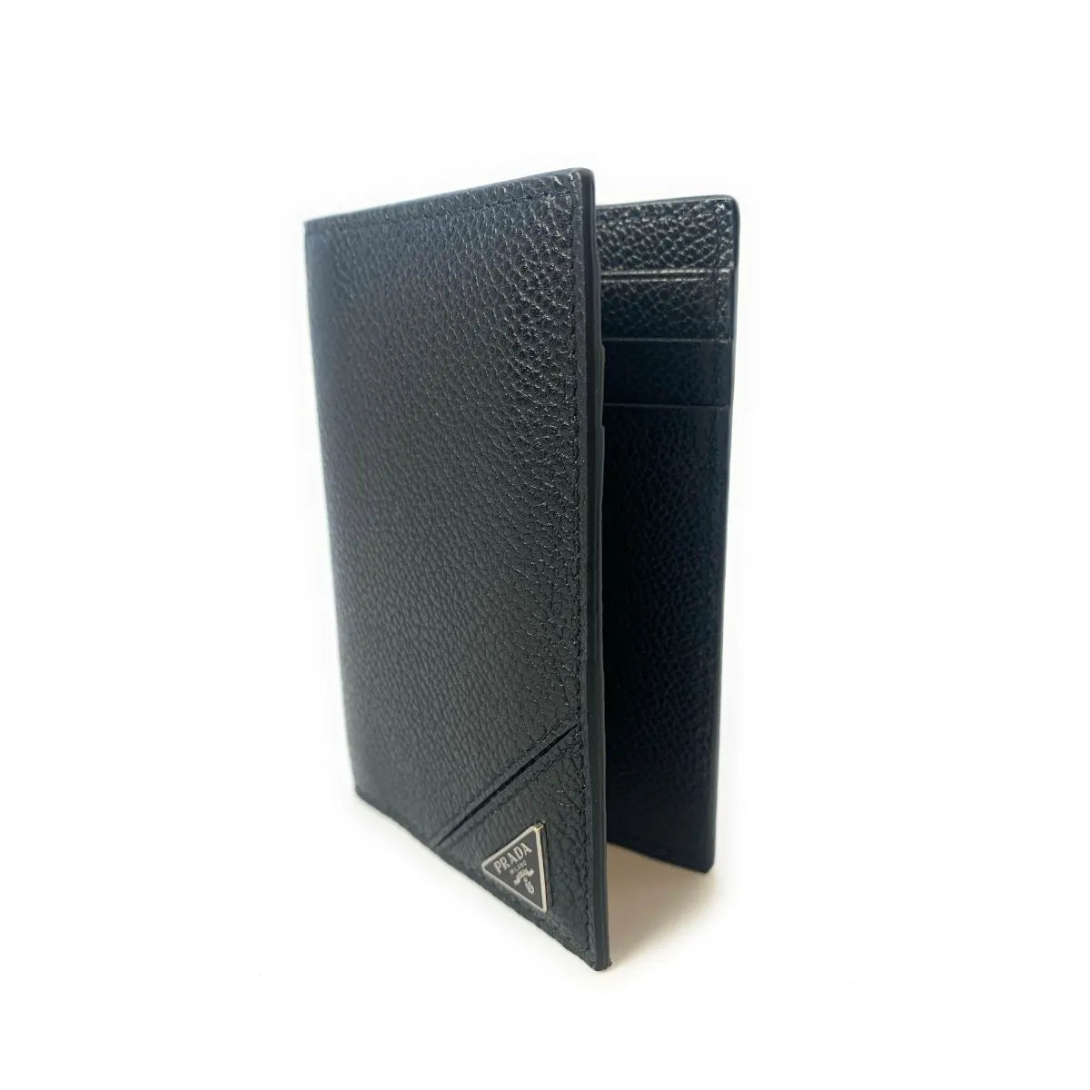 Prada Vitello Grain Black Leather Triangle Logo Vertical Bifold Wallet