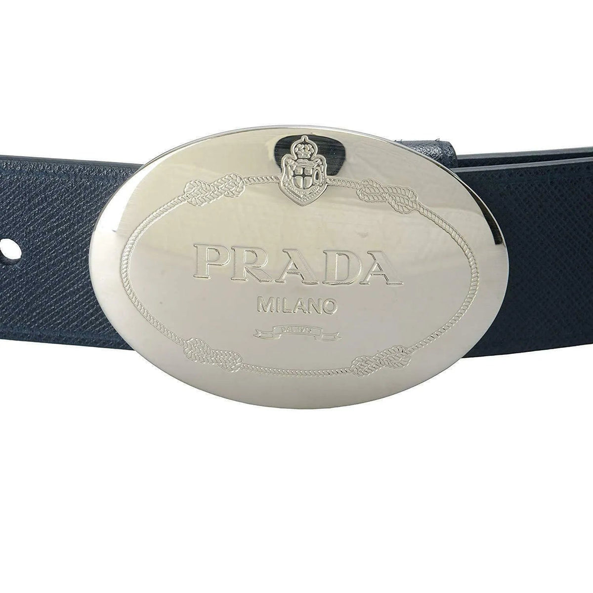 Prada Mens Navy Saffiano Leather Belt Silver Oval Buckle Belt Size 90 - 36 - Belts - Clayton's Online Store