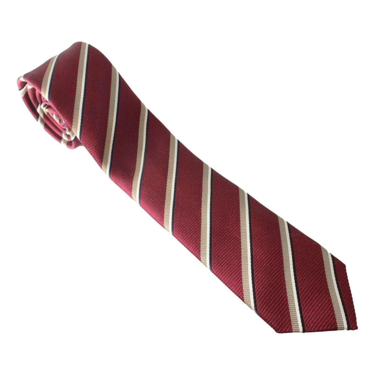 Prada Mens Neck Tie 100% Silk Bordeaux Red Gold Stripe Classic Pattern - Neckties - Clayton's Online Store