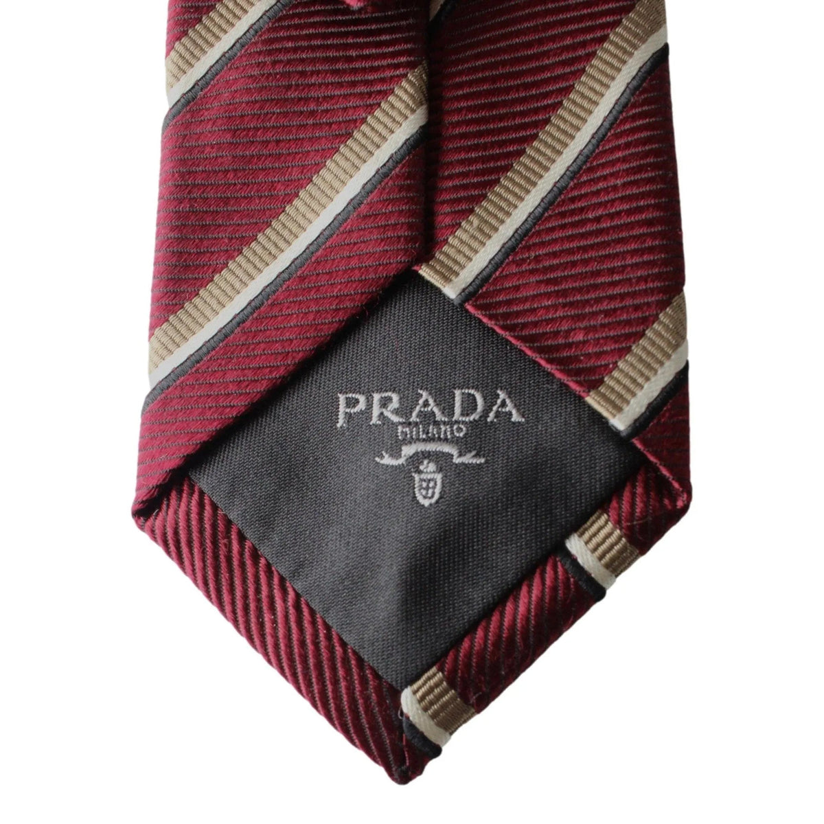 Prada Mens Neck Tie 100% Silk Bordeaux Red Gold Stripe Classic Pattern - Neckties - Clayton's Online Store