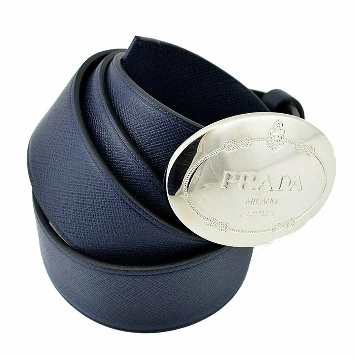 Prada Mens Navy Saffiano Leather Belt  Silver Oval Buckle Belt Size 90-36