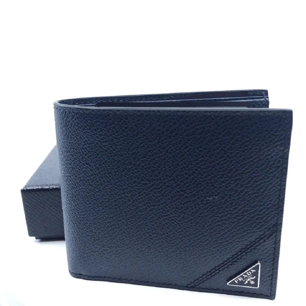 Prada Vitello Micro Grain Navy Blue Leather Triangle Logo Bifold Wallet