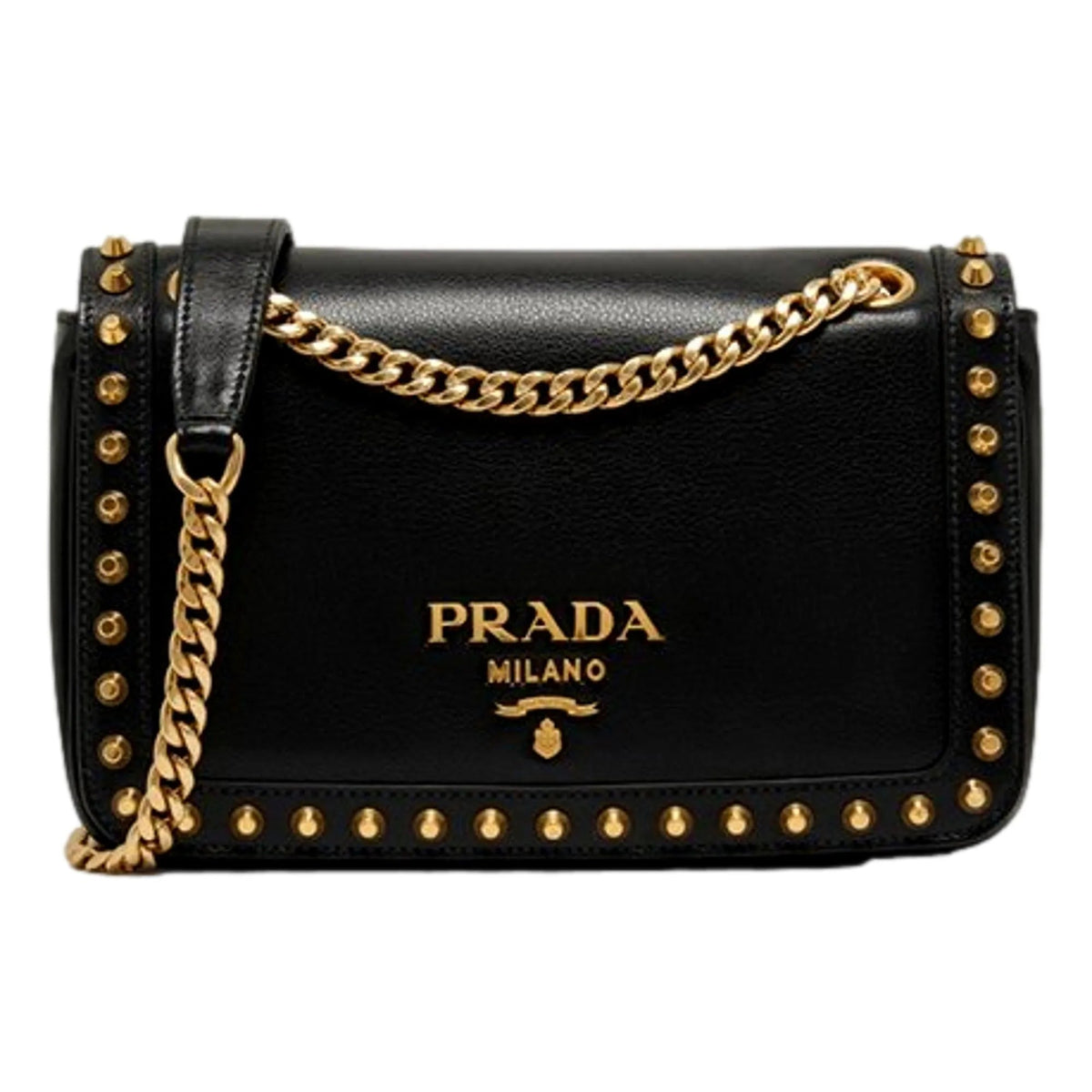 Prada Pattina Black Calf Leather Studded Flap Chain Crossbody Bag - Handbags - Clayton's Online Store