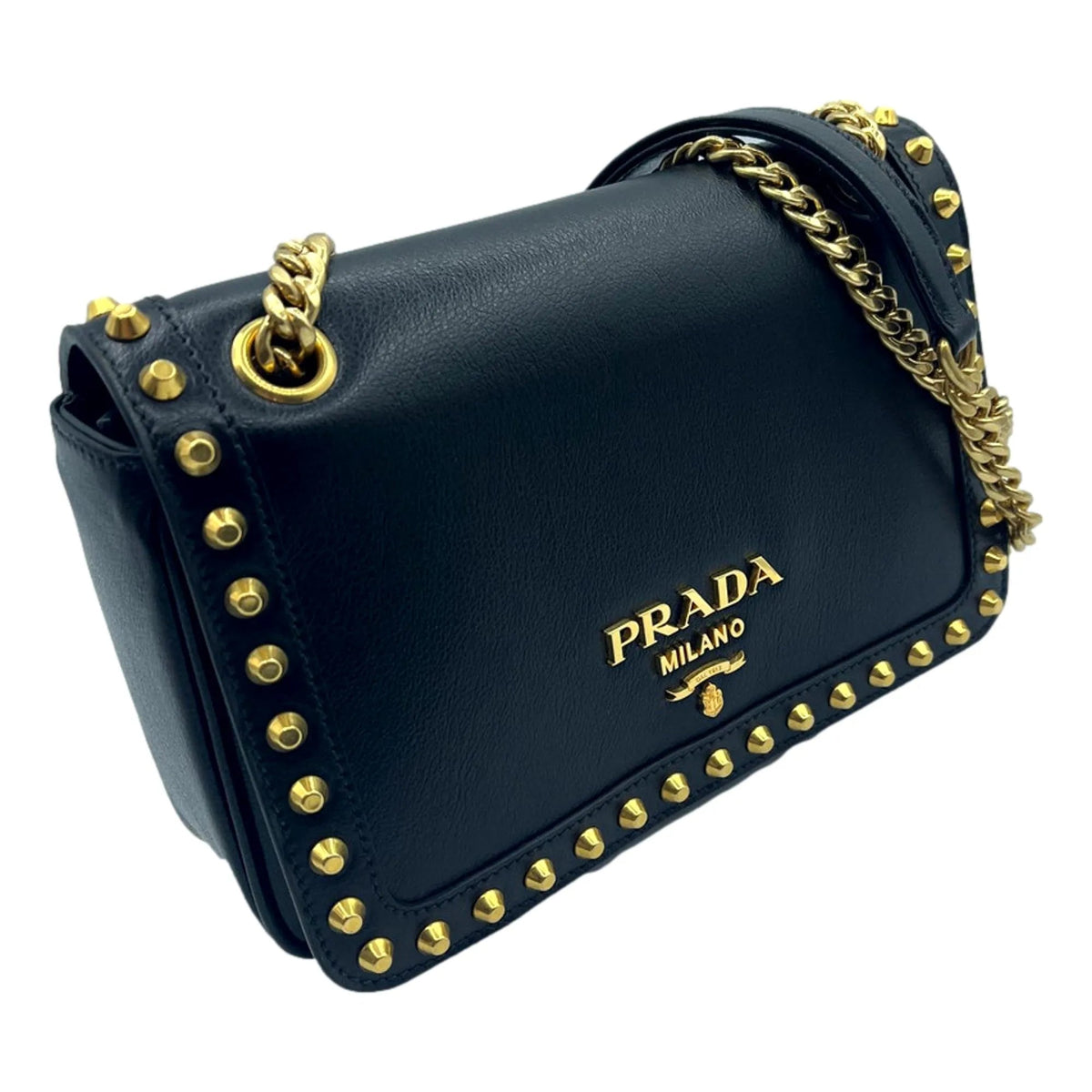 Prada Pattina Black Calf Leather Studded Flap Chain Crossbody Bag - Handbags - Clayton's Online Store