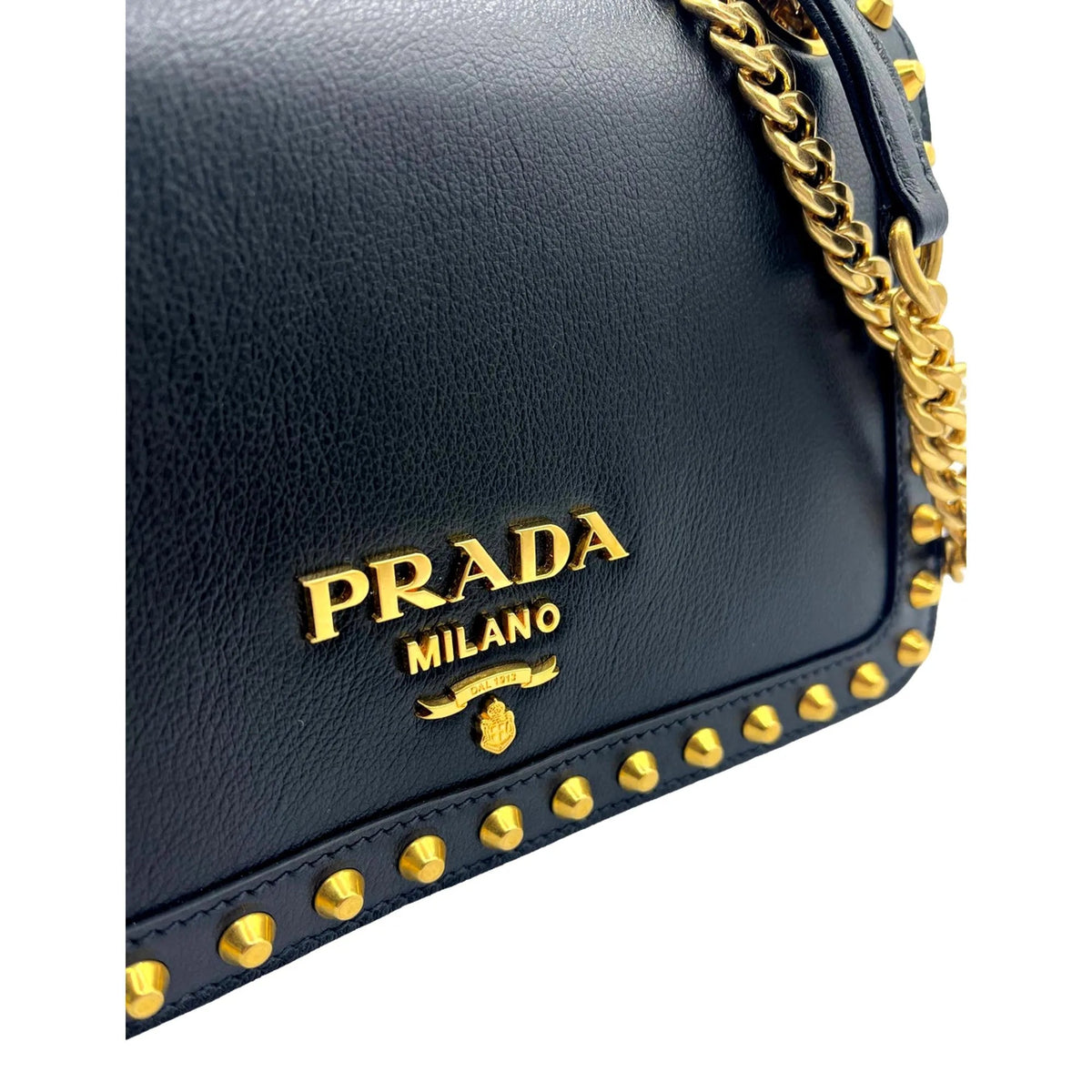 Prada Pattina Black Calf Leather Studded Flap Chain Crossbody Bag - Handbags - Clayton's Online Store