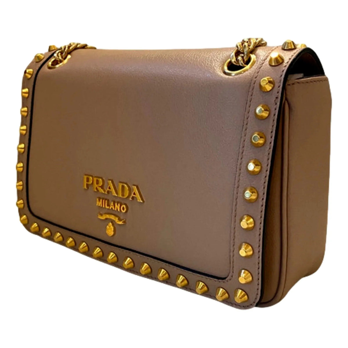 Prada Pattina Glace Calf Leather Cammeo Beige Gold Studded Bag - Handbags - Clayton's Online Store