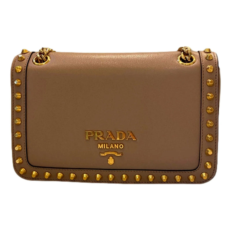 Prada Pattina Glace Calf Leather Cammeo Beige Gold Studded Bag - Handbags - Clayton's Online Store