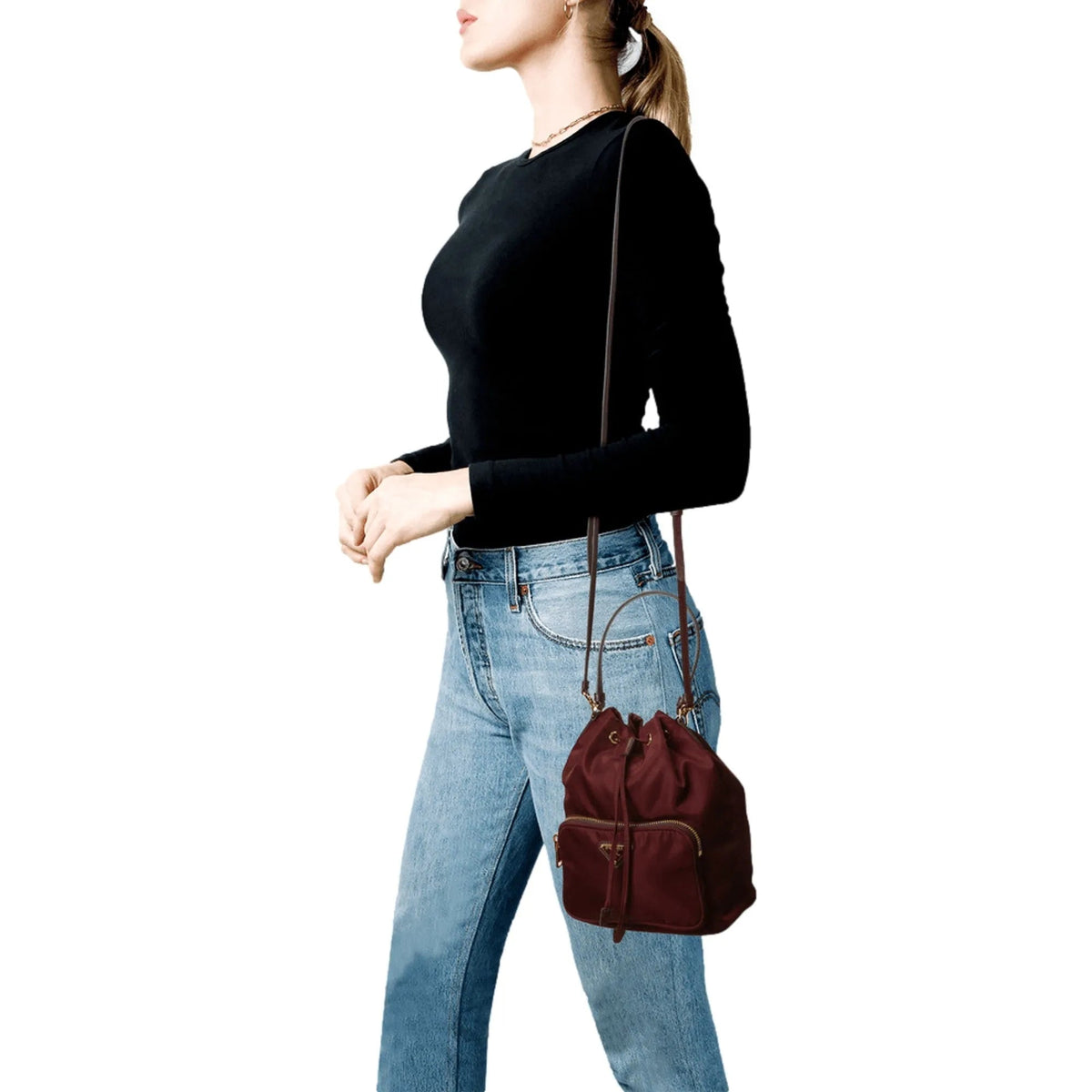 Prada Re - Edition Re - Nylon Duet Mini Bucket Crossbody Bag Granato Burgundy - Handbags - Clayton's Online Store