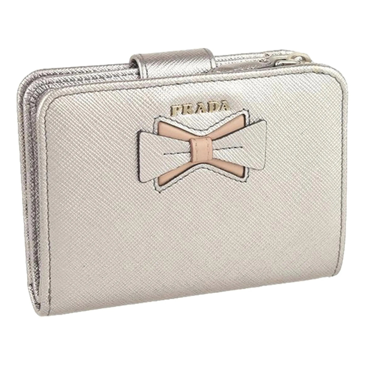 Prada Ribbon Saffiano Metallic Silver and Beige Leather Bifold Wallet - Wallets - Clayton's Online Store