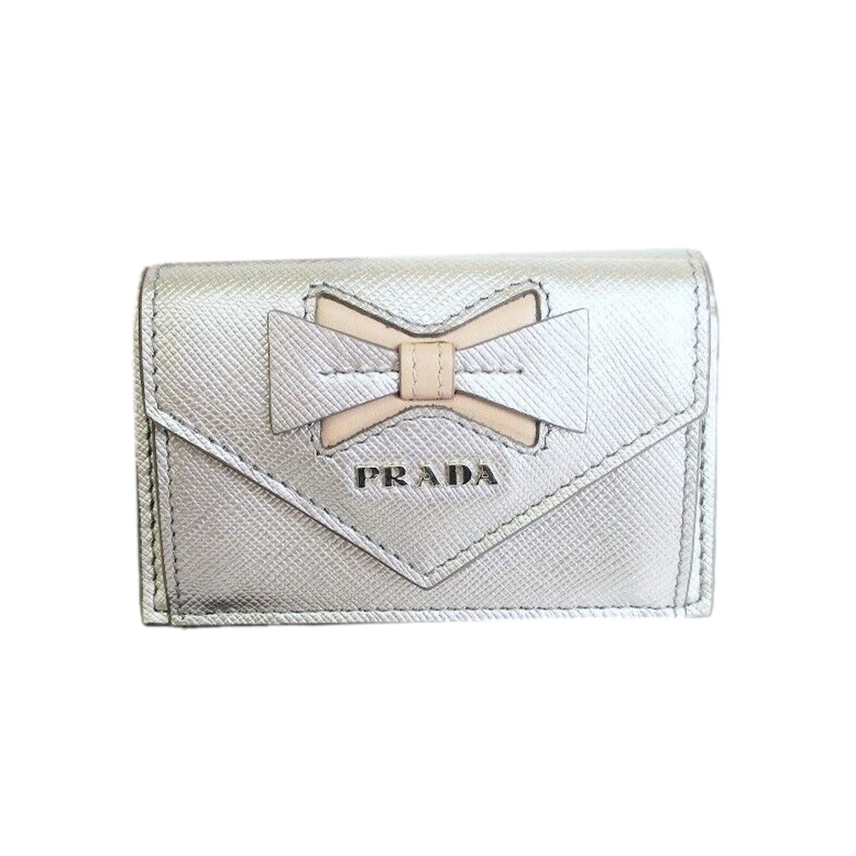 Prada Ribbon Saffiano Metallic Silver and Beige Leather Trifold Wallet - Wallets - Clayton's Online Store