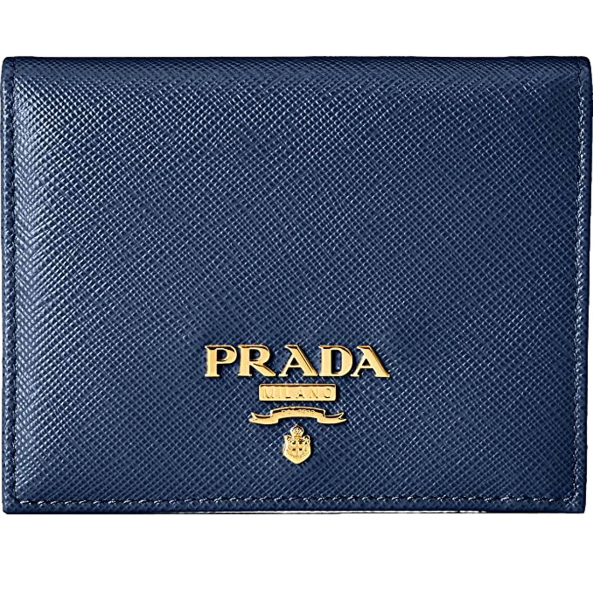 Prada Saffiano Baltico Blue Leather Gold Logo Bifold Snap Wallet - Wallets - Clayton's Online Store