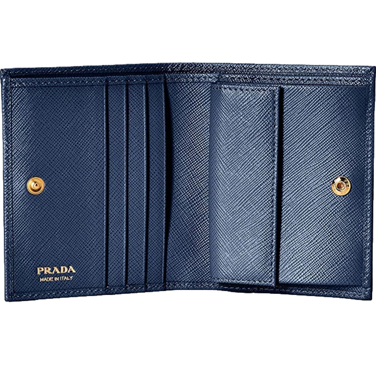 Prada Saffiano Baltico Blue Leather Gold Logo Bifold Snap Wallet - Wallets - Clayton's Online Store