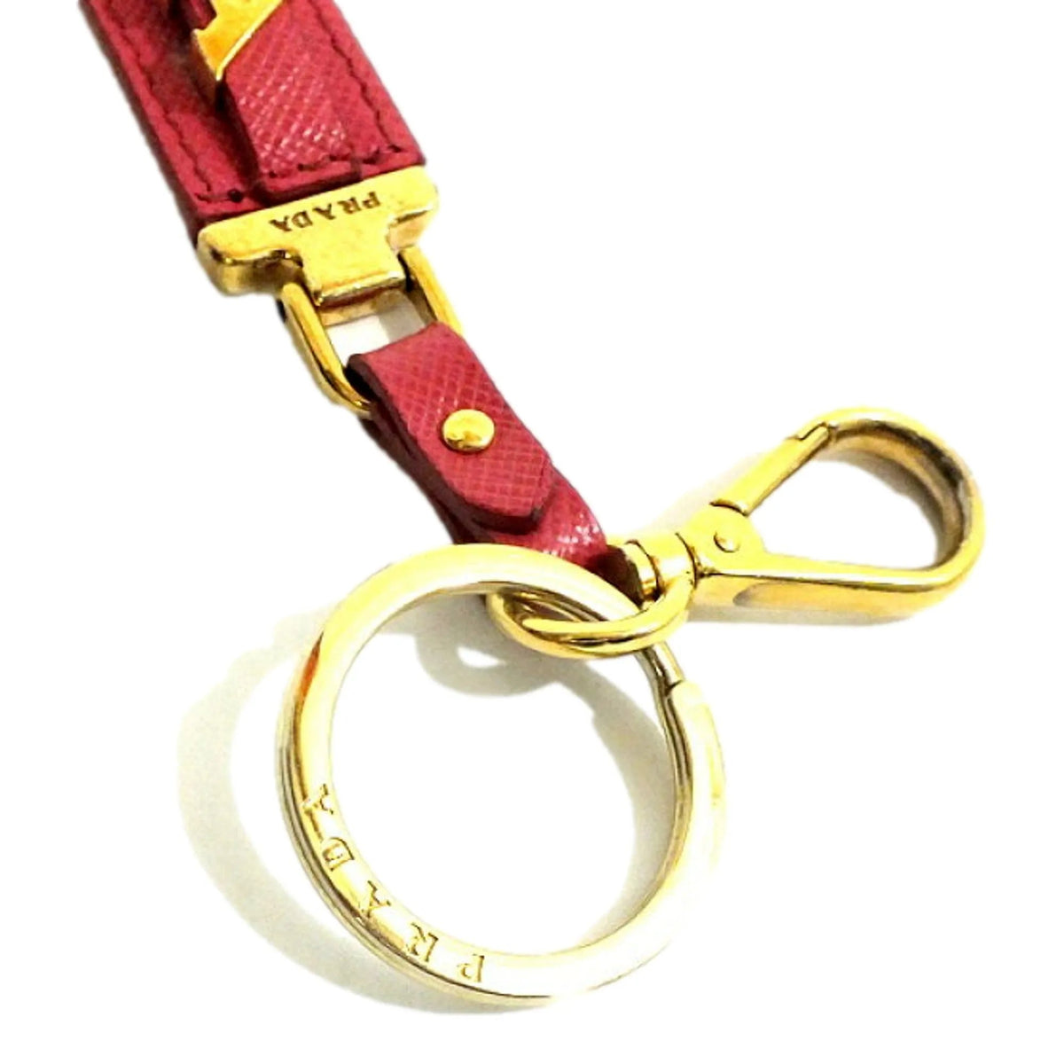 Prada Saffiano Leather Clip Keychain Peony Pink Gold Logo Lettering - Keychains - Clayton's Online Store