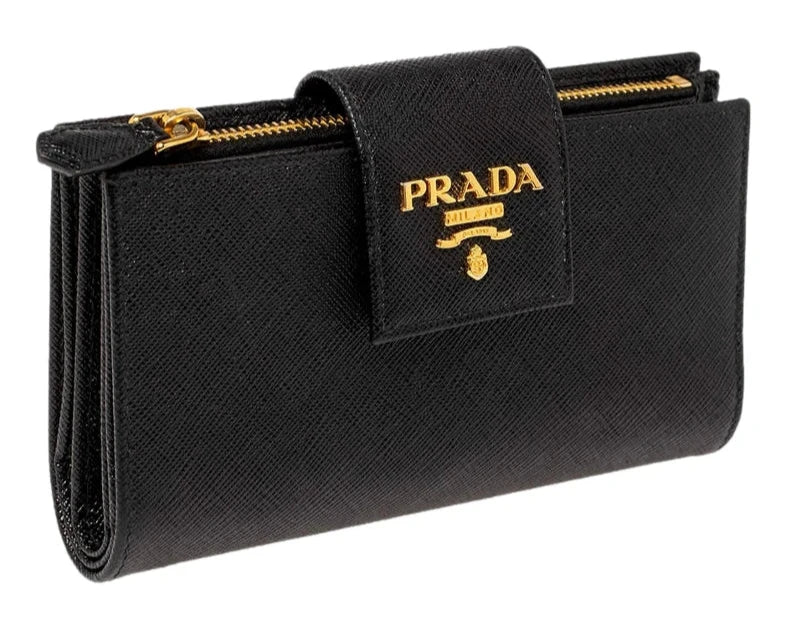 Prada Saffiano Leather Long Wallet Womens Nero Black and Gold - Wallets - Clayton's Online Store