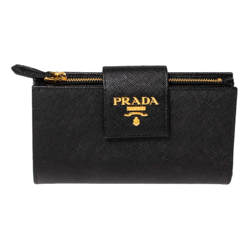 Prada Saffiano Leather Long Wallet Womens Nero Black and Gold - Wallets - Clayton's Online Store